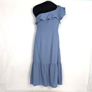 Lulus Womens Small Sun Kissed Memories Blue Linen One Shoulder Ruffle Midi Dress